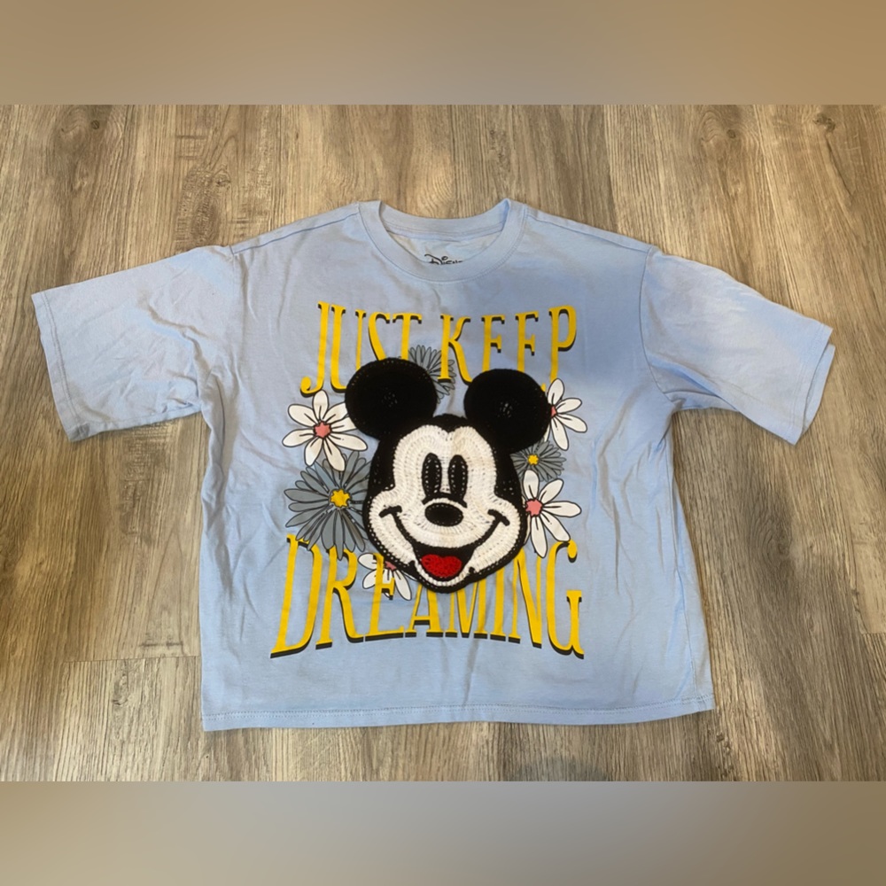 Disney Mickey Mouse Embroidered Blue Short Sleeve Crop Top Women’s Size Small - Picture 1 of 5